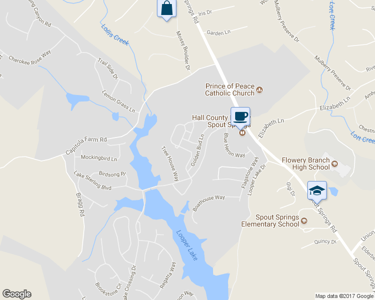 map of restaurants, bars, coffee shops, grocery stores, and more near 6892 Big Sky Drive in Flowery Branch