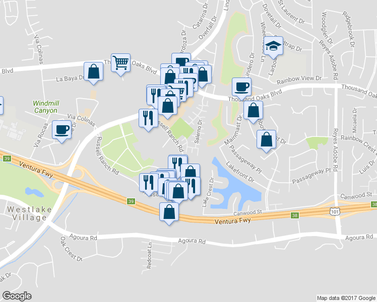 map of restaurants, bars, coffee shops, grocery stores, and more near 5470 Seine Court in Westlake Village