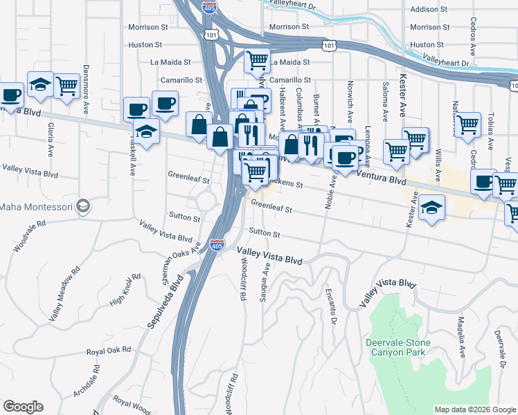 map of restaurants, bars, coffee shops, grocery stores, and more near 4443 Saugus Avenue in Los Angeles