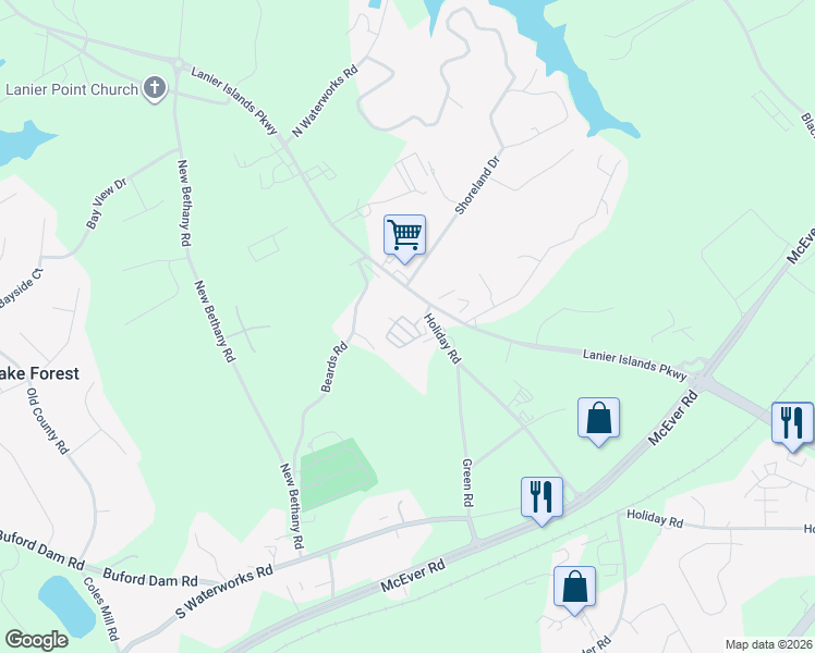 map of restaurants, bars, coffee shops, grocery stores, and more near 6108 Holiday Road in Buford