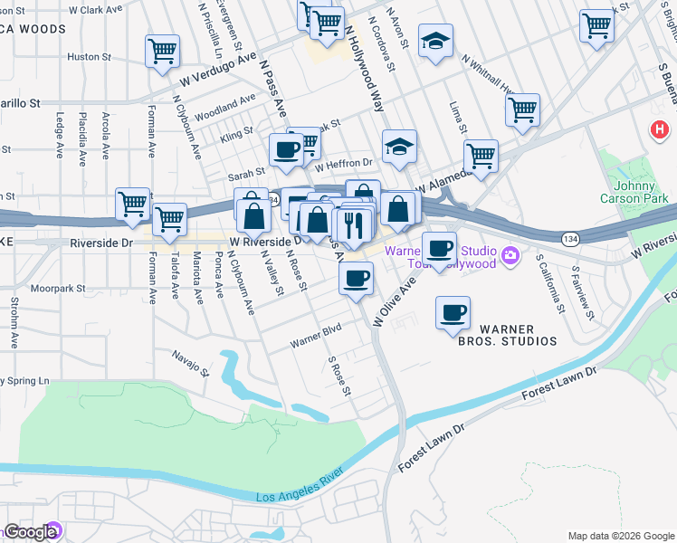 map of restaurants, bars, coffee shops, grocery stores, and more near 4110 West National Avenue in Burbank