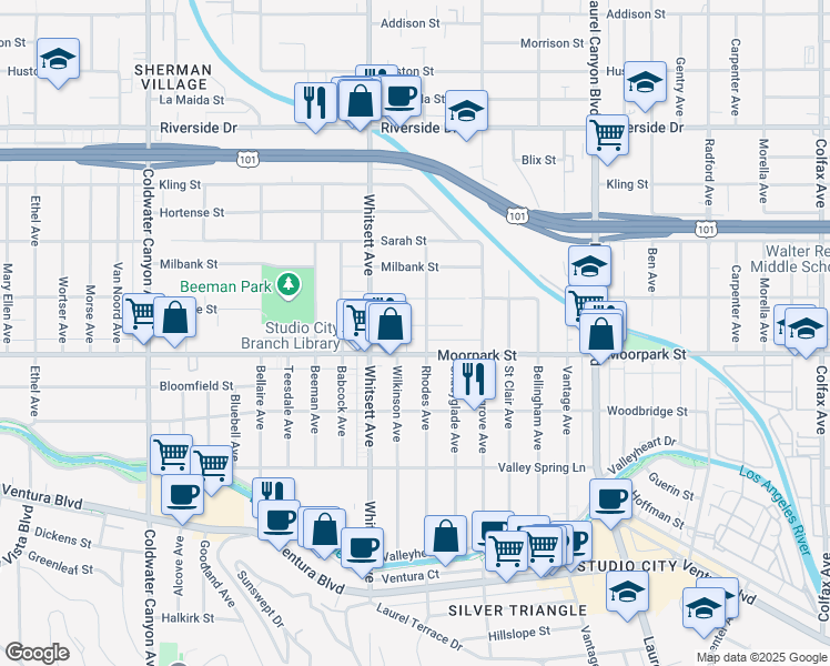map of restaurants, bars, coffee shops, grocery stores, and more near 12406 Rye Street in Los Angeles