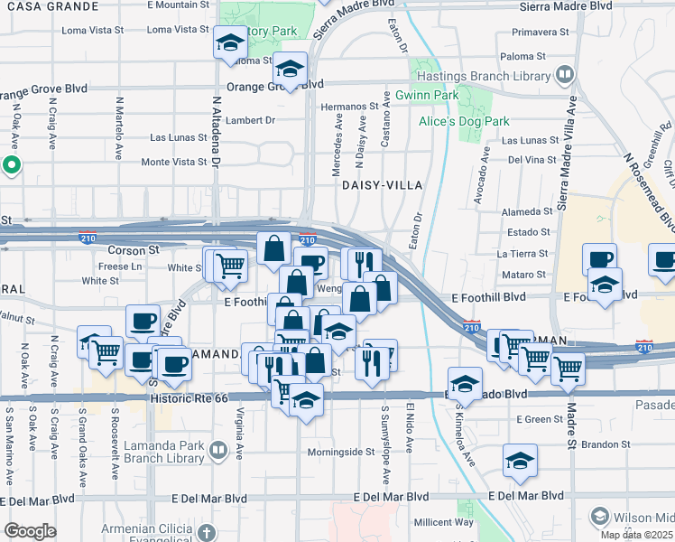 map of restaurants, bars, coffee shops, grocery stores, and more near 2754 Mataro Street in Pasadena