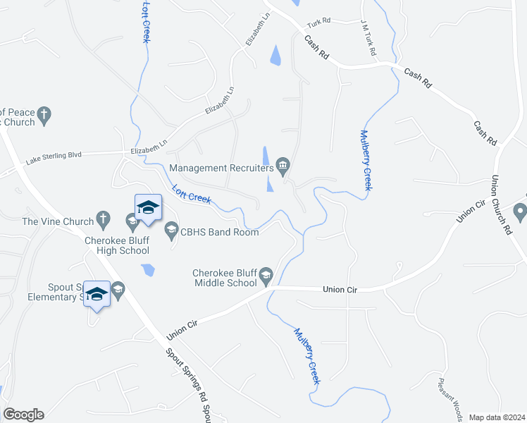 map of restaurants, bars, coffee shops, grocery stores, and more near 5591 Chestnut Creek Lane in Flowery Branch