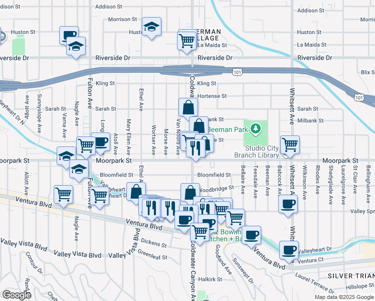 map of restaurants, bars, coffee shops, grocery stores, and more near 4423 Coldwater Canyon Avenue in Studio City