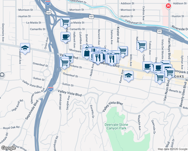 map of restaurants, bars, coffee shops, grocery stores, and more near 15029 Greenleaf Street in Los Angeles