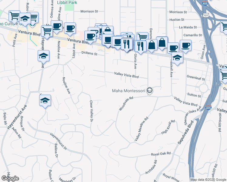 map of restaurants, bars, coffee shops, grocery stores, and more near 4418 Woodley Avenue in Los Angeles