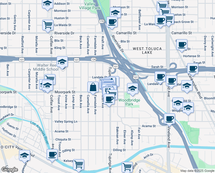 map of restaurants, bars, coffee shops, grocery stores, and more near Studio Way in Universal City