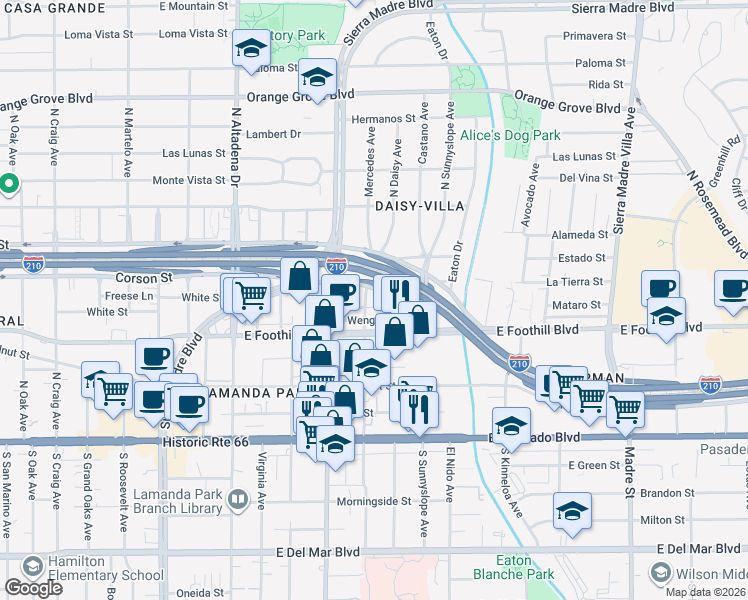 map of restaurants, bars, coffee shops, grocery stores, and more near 2797 Mataro Street in Pasadena