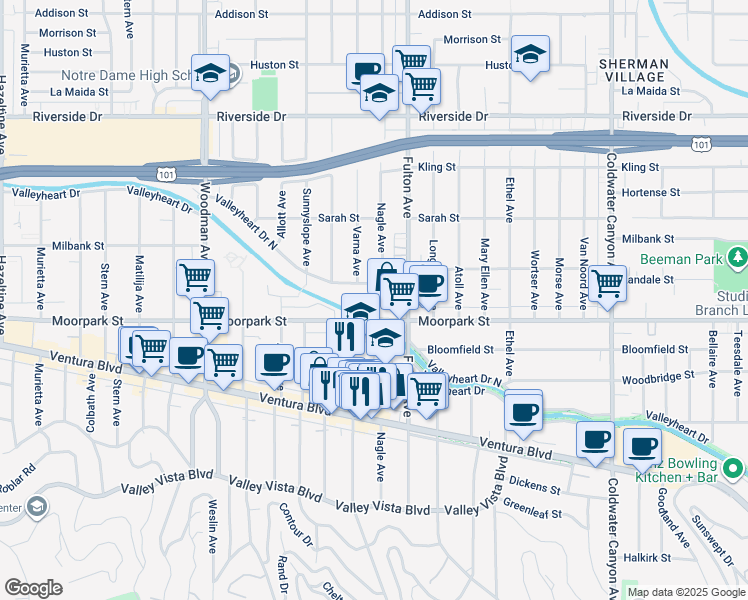 map of restaurants, bars, coffee shops, grocery stores, and more near 13331 Moorpark Street in Los Angeles
