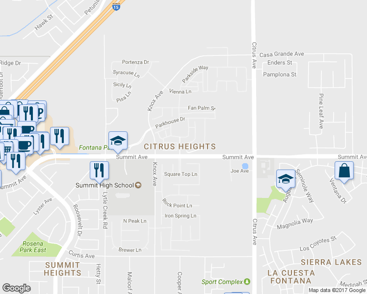 map of restaurants, bars, coffee shops, grocery stores, and more near 5662 Galasso Avenue in Fontana