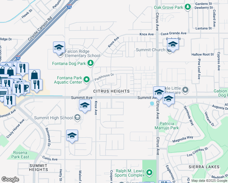 map of restaurants, bars, coffee shops, grocery stores, and more near 5662 Galasso Avenue in Fontana