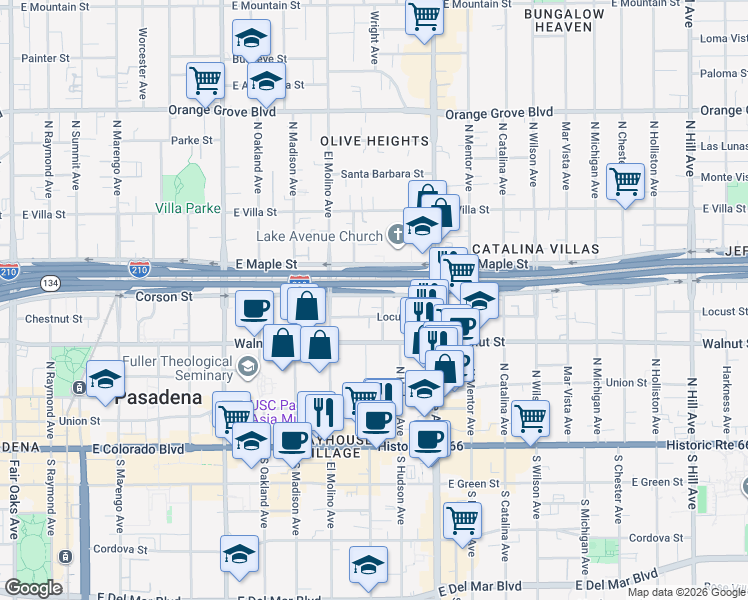 map of restaurants, bars, coffee shops, grocery stores, and more near 301 North Hudson Avenue in Pasadena