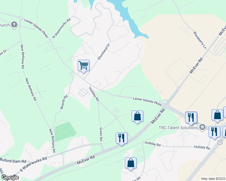 map of restaurants, bars, coffee shops, grocery stores, and more near 5641 Lanier Islands Parkway in Buford