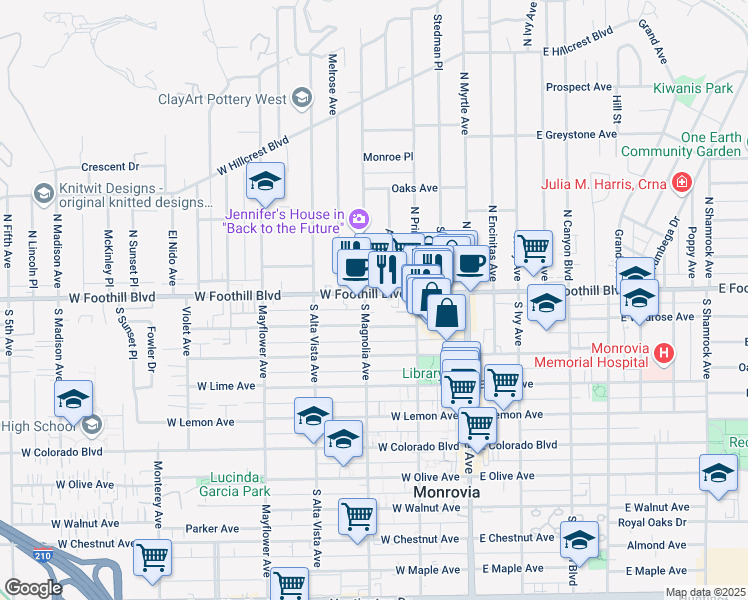 map of restaurants, bars, coffee shops, grocery stores, and more near 267 Linwood Avenue in Monrovia