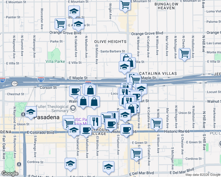 map of restaurants, bars, coffee shops, grocery stores, and more near 301 North Hudson Avenue in Pasadena