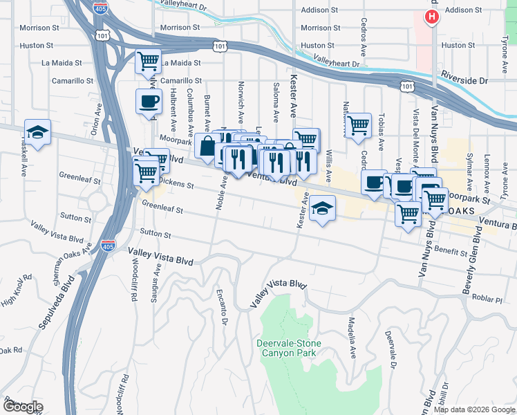 map of restaurants, bars, coffee shops, grocery stores, and more near 14960 Dickens Street in Los Angeles