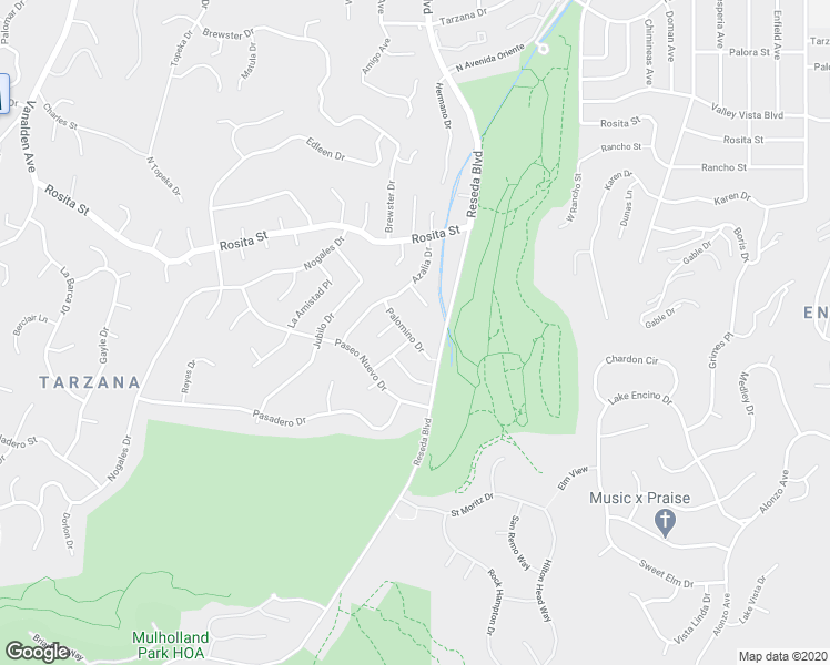 map of restaurants, bars, coffee shops, grocery stores, and more near 18623 Palomino Drive in Los Angeles