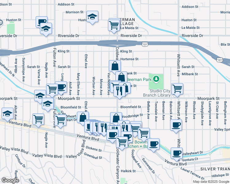 map of restaurants, bars, coffee shops, grocery stores, and more near 4423 Coldwater Canyon Avenue in Studio City
