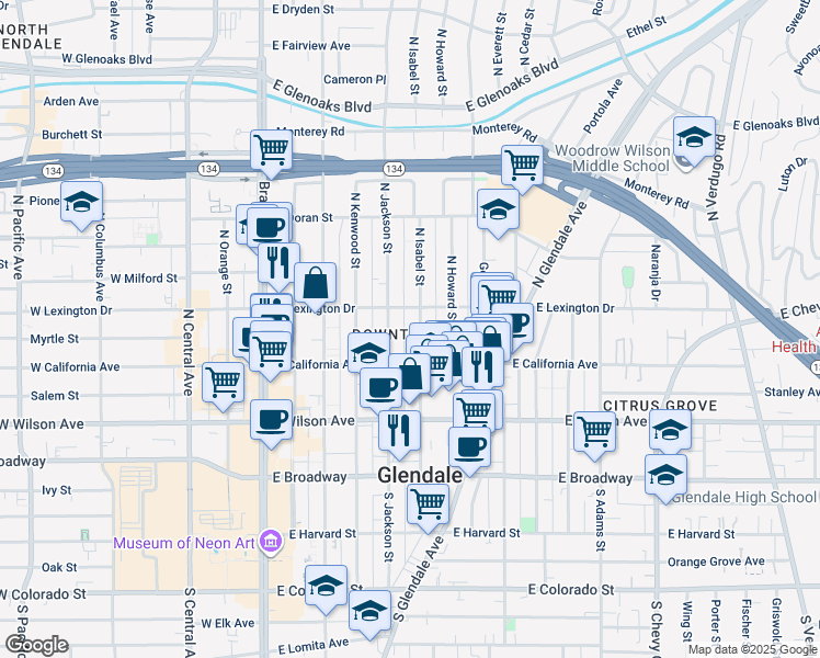 map of restaurants, bars, coffee shops, grocery stores, and more near 331 North Isabel Street in Glendale