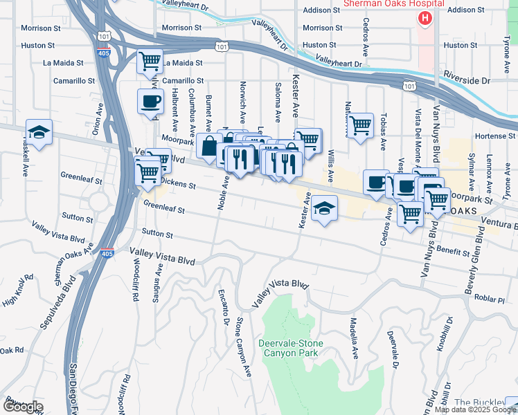 map of restaurants, bars, coffee shops, grocery stores, and more near 14960 Dickens Street in Los Angeles