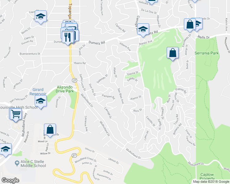 map of restaurants, bars, coffee shops, grocery stores, and more near 4630 Esparto Street in Los Angeles