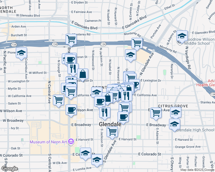 map of restaurants, bars, coffee shops, grocery stores, and more near 331 North Isabel Street in Glendale
