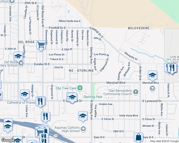 map of restaurants, bars, coffee shops, grocery stores, and more near 5655 Newbury Avenue in San Bernardino