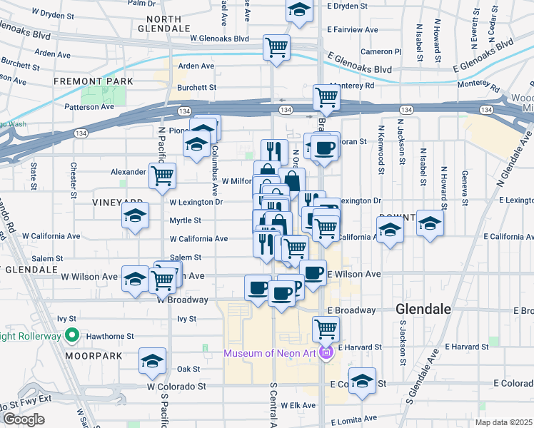 map of restaurants, bars, coffee shops, grocery stores, and more near 333 Central Avenue in Glendale