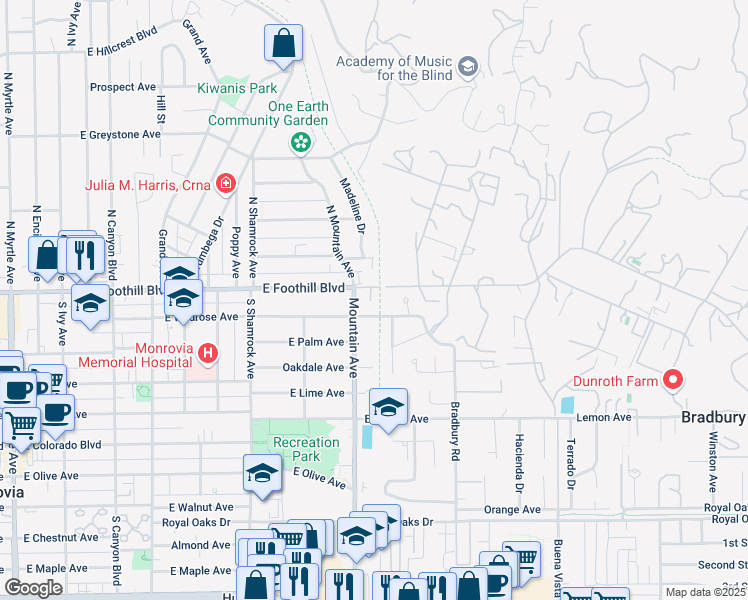 map of restaurants, bars, coffee shops, grocery stores, and more near 918 Wildrose Avenue in Monrovia