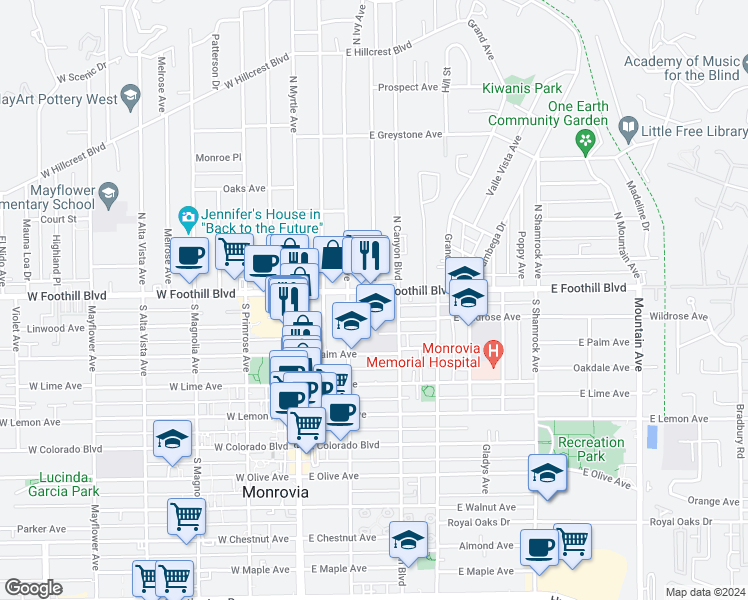 map of restaurants, bars, coffee shops, grocery stores, and more near 226 South Ivy Avenue in Monrovia