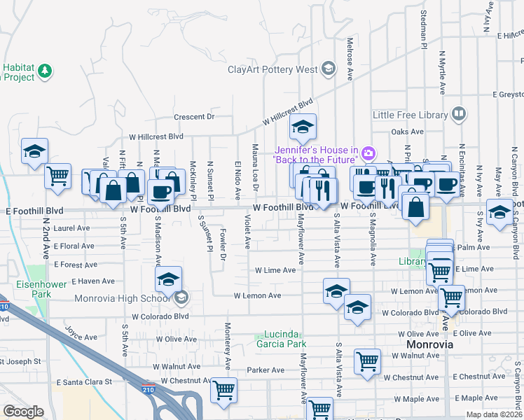 map of restaurants, bars, coffee shops, grocery stores, and more near 120 Violet Avenue in Monrovia