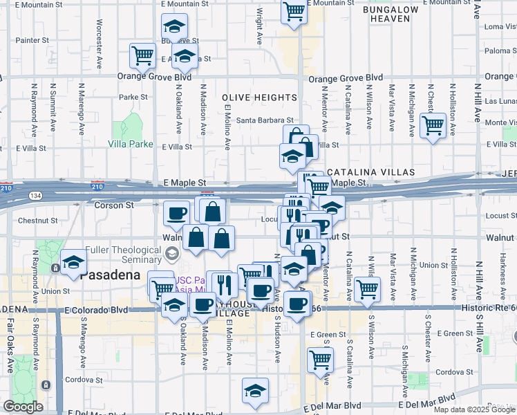 map of restaurants, bars, coffee shops, grocery stores, and more near 713 Locust Street in Pasadena