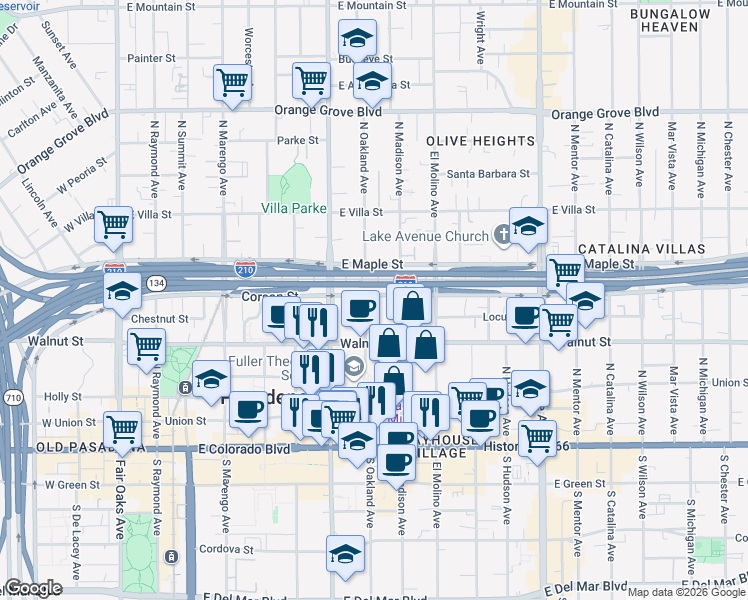 map of restaurants, bars, coffee shops, grocery stores, and more near 265 North Oakland Avenue in Pasadena