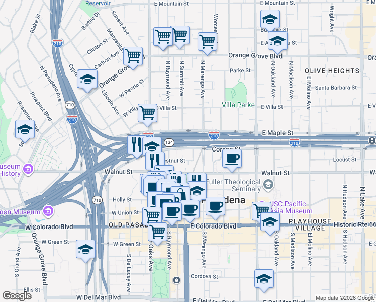 map of restaurants, bars, coffee shops, grocery stores, and more near 145 Chestnut Street in Pasadena
