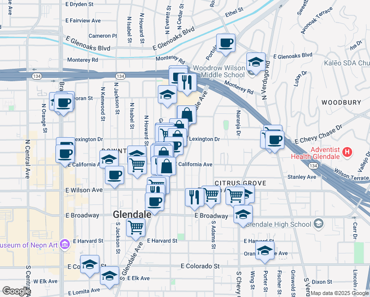 map of restaurants, bars, coffee shops, grocery stores, and more near 318 North Glendale Avenue in Glendale
