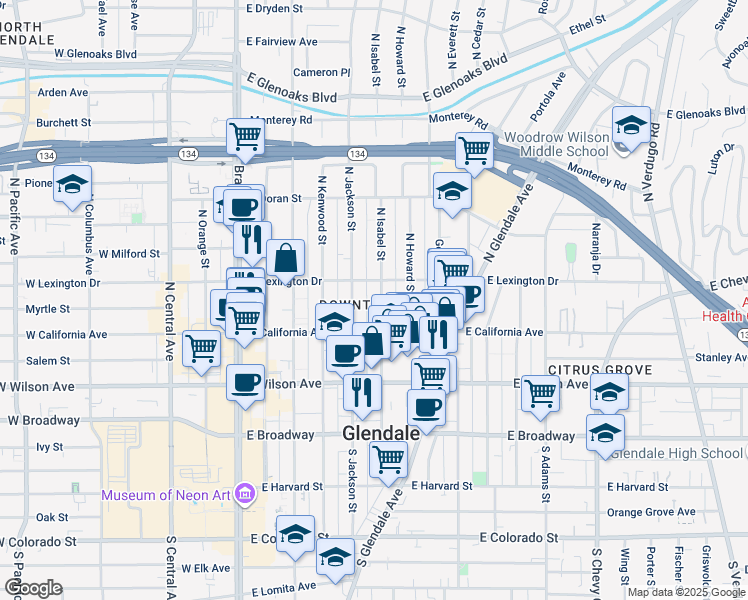 map of restaurants, bars, coffee shops, grocery stores, and more near in Glendale