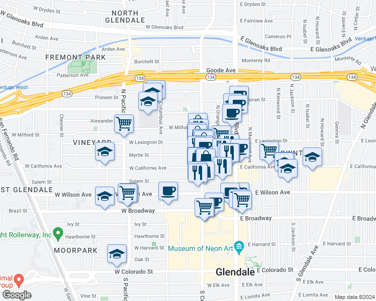 map of restaurants, bars, coffee shops, grocery stores, and more near 319 North Central Avenue in Glendale