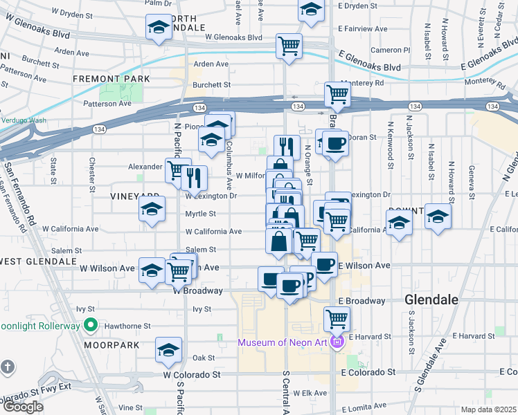 map of restaurants, bars, coffee shops, grocery stores, and more near 350 Myrtle Street in Glendale