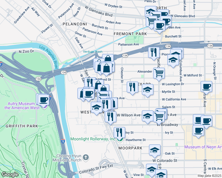 map of restaurants, bars, coffee shops, grocery stores, and more near 749 West California Avenue in Glendale