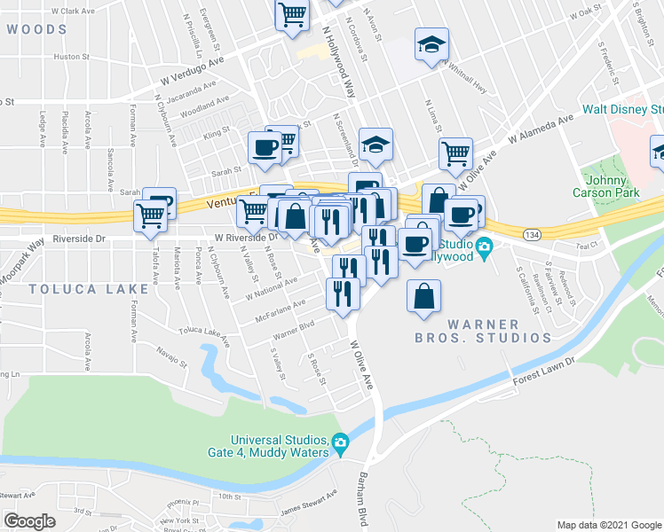 map of restaurants, bars, coffee shops, grocery stores, and more near 125 North Maple Street in Burbank