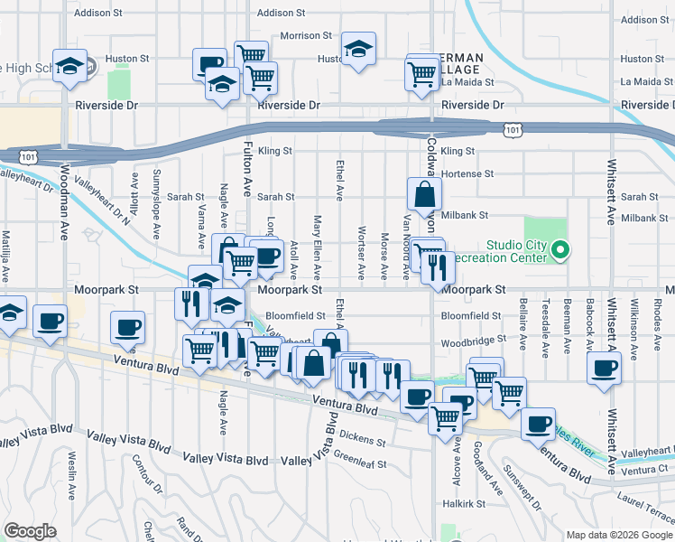 map of restaurants, bars, coffee shops, grocery stores, and more near 13123 Moorpark Street in Los Angeles