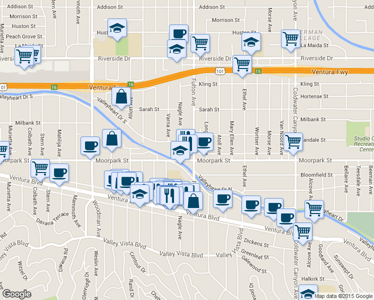 map of restaurants, bars, coffee shops, grocery stores, and more near 13323 Moorpark Street in Los Angeles
