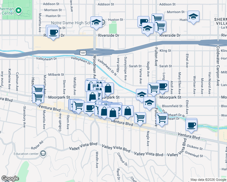 map of restaurants, bars, coffee shops, grocery stores, and more near 4411 Allott Avenue in Los Angeles