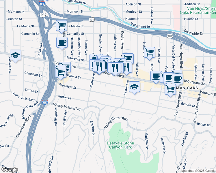 map of restaurants, bars, coffee shops, grocery stores, and more near 14953 Greenleaf Street in Los Angeles