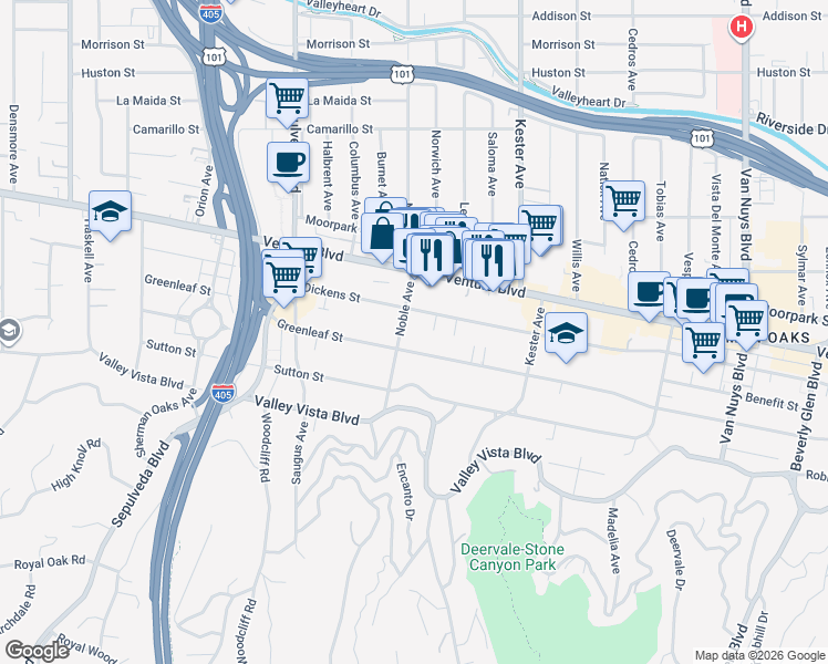 map of restaurants, bars, coffee shops, grocery stores, and more near 15029 Greenleaf Street in Los Angeles