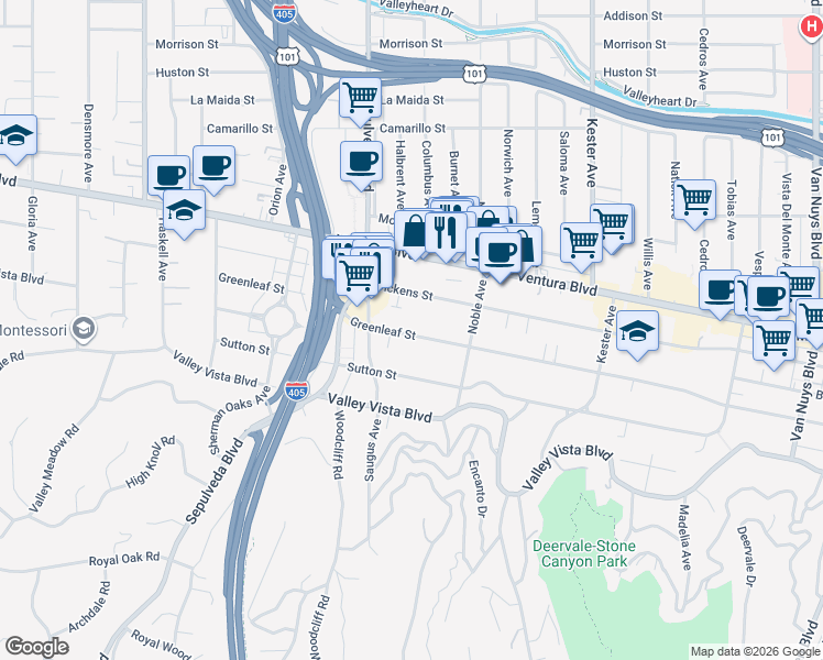 map of restaurants, bars, coffee shops, grocery stores, and more near 15148 Greenleaf Street in Los Angeles