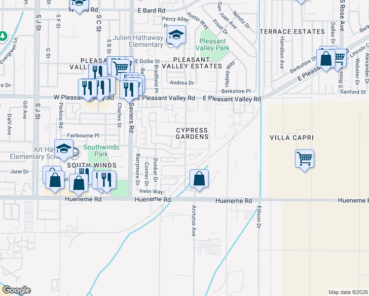 map of restaurants, bars, coffee shops, grocery stores, and more near 568 Field Street in Oxnard