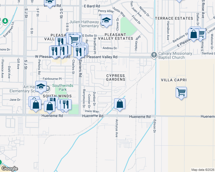 map of restaurants, bars, coffee shops, grocery stores, and more near 568 Field Street in Oxnard