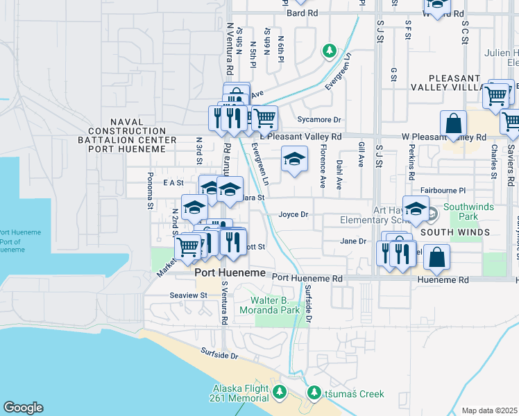 map of restaurants, bars, coffee shops, grocery stores, and more near 314 Willowbrook Drive in Port Hueneme